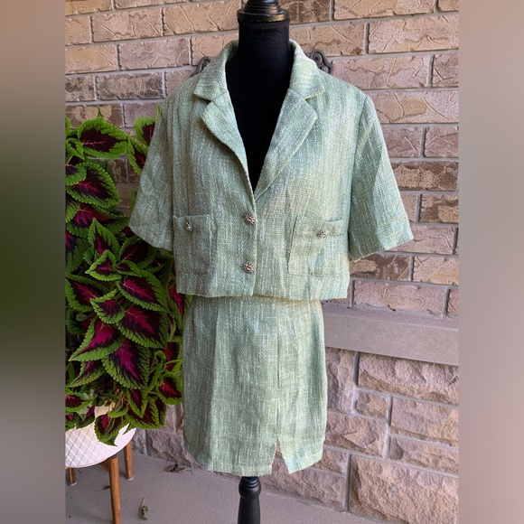 FASHION NOVA Can’t Let You Go Tweed Skirt Matching Set Sage Green SZ Medium NEW - Picture 4 of 16
